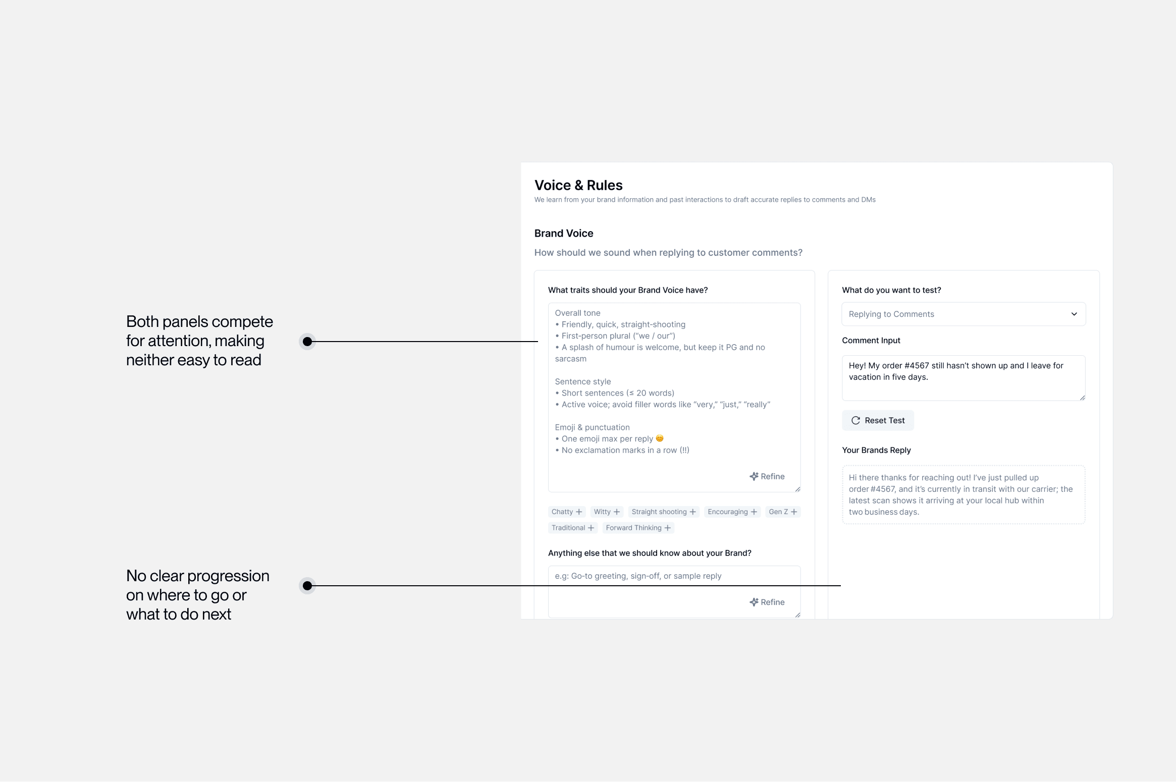 Split interface exploration for brand voice